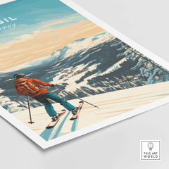Ski print of Trysil, Norway featuring a skier on a snow-covered slope with majestic mountains in the background.