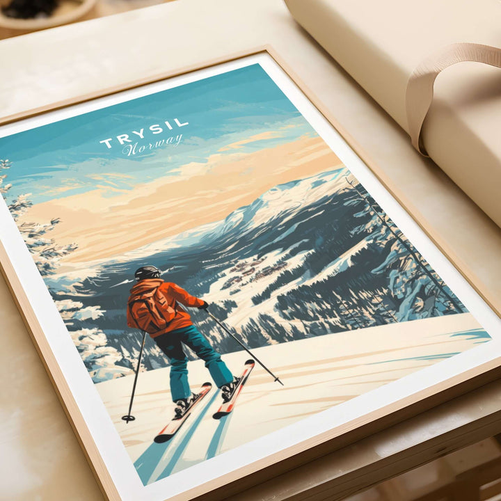 Ski Print of Trysil, Norway featuring a skier on a snowy mountain slope, perfect for winter sports enthusiasts.