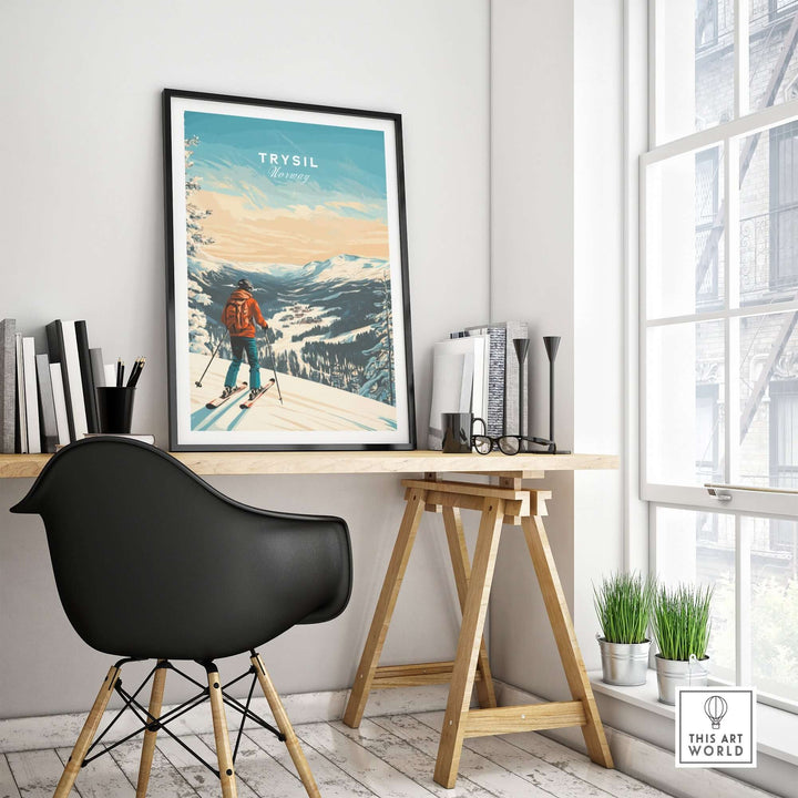 Ski print of Trysil, Norway displayed in a stylish home office setting with modern decor.