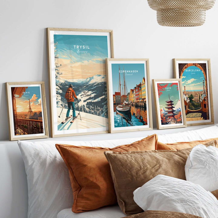 Ski Print Trysil Norway displayed among travel prints in a cozy home setting, showcasing adventure and beautiful landscapes.