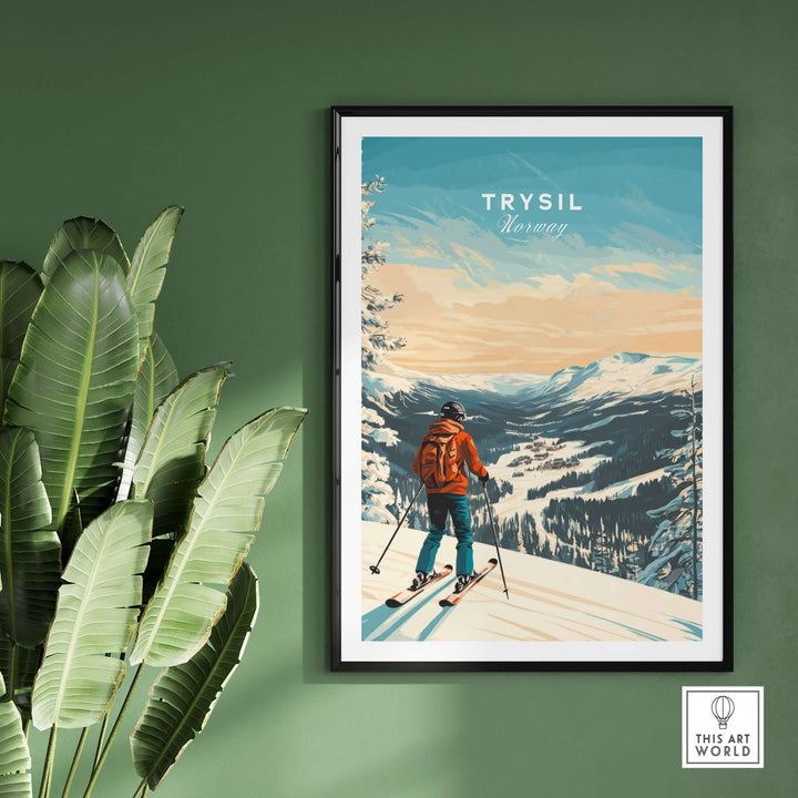 Ski print featuring a skier in Trysil, Norway, showcasing beautiful mountainous scenery and winter adventure.