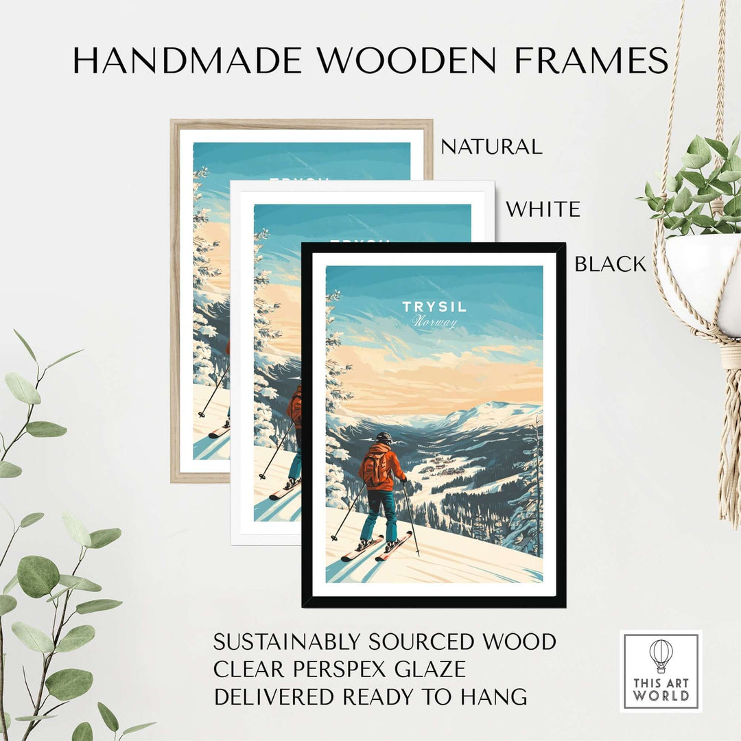 Handmade wooden frames in natural, white, and black, featuring a ski print of Trysil, Norway, ready to hang and sustainably sourced.