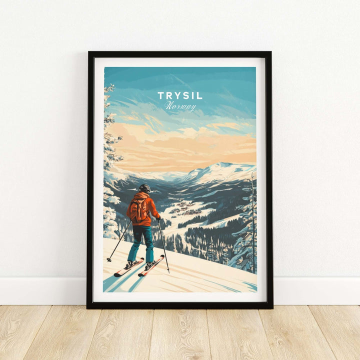 Ski print of Trysil, Norway showcasing a skier overlooking picturesque mountains and slopes. Perfect for winter sports lovers.