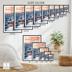 Size guide for Ski Print Whiteface Mountain New York, showcasing various frame sizes and wall art display options.