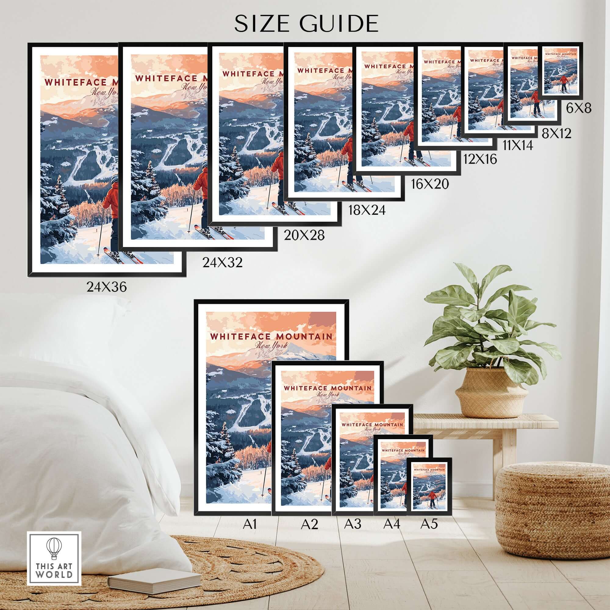 Size guide for Ski Print Whiteface Mountain New York, showcasing various frame sizes and wall art display options.