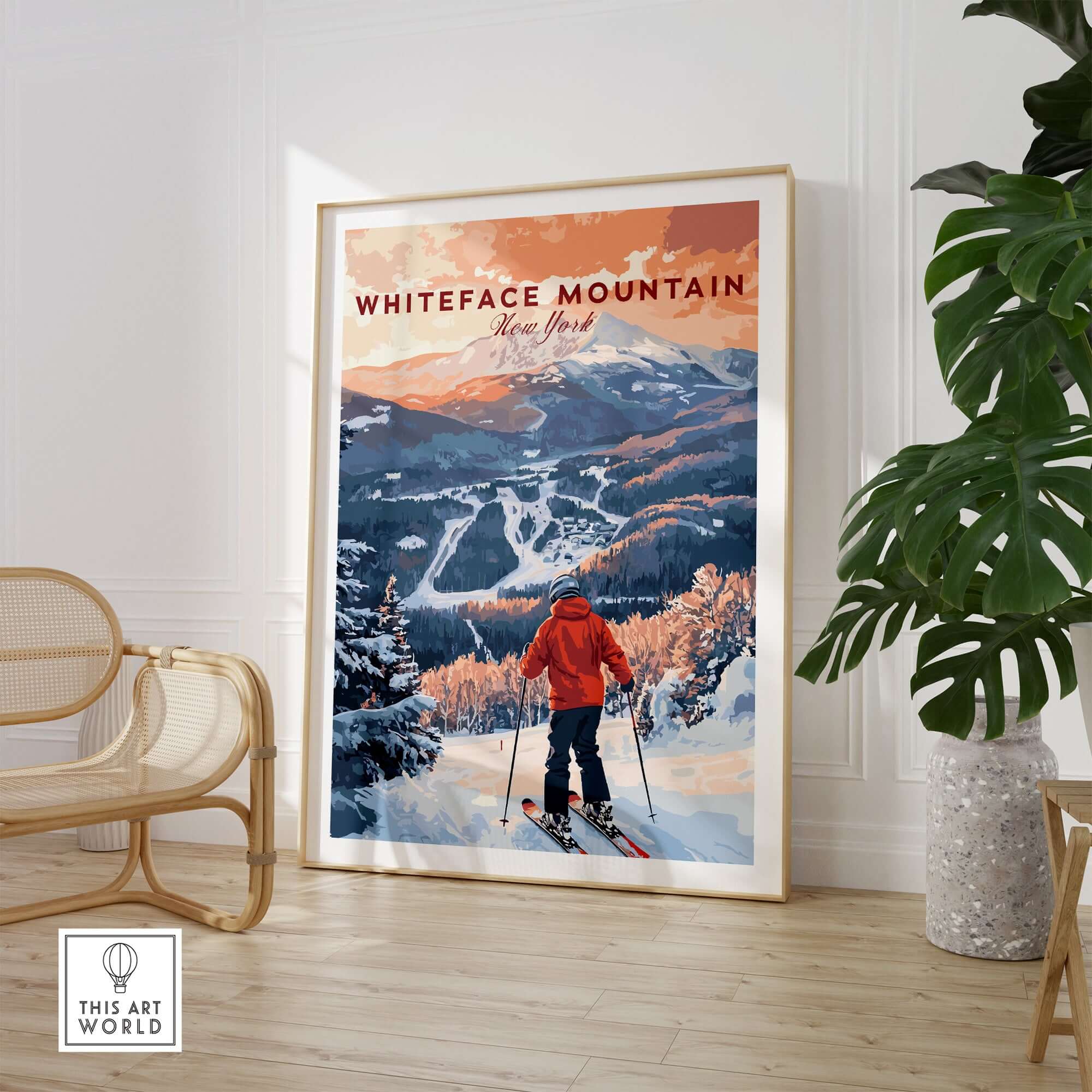 Ski print of Whiteface Mountain, New York, showcasing a skier and winter landscape, perfect for ski enthusiasts.