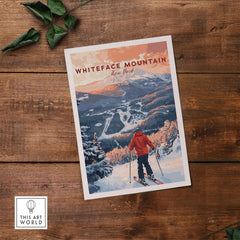 Ski print of Whiteface Mountain, New York, showcasing winter slopes and a skier amid scenic views.