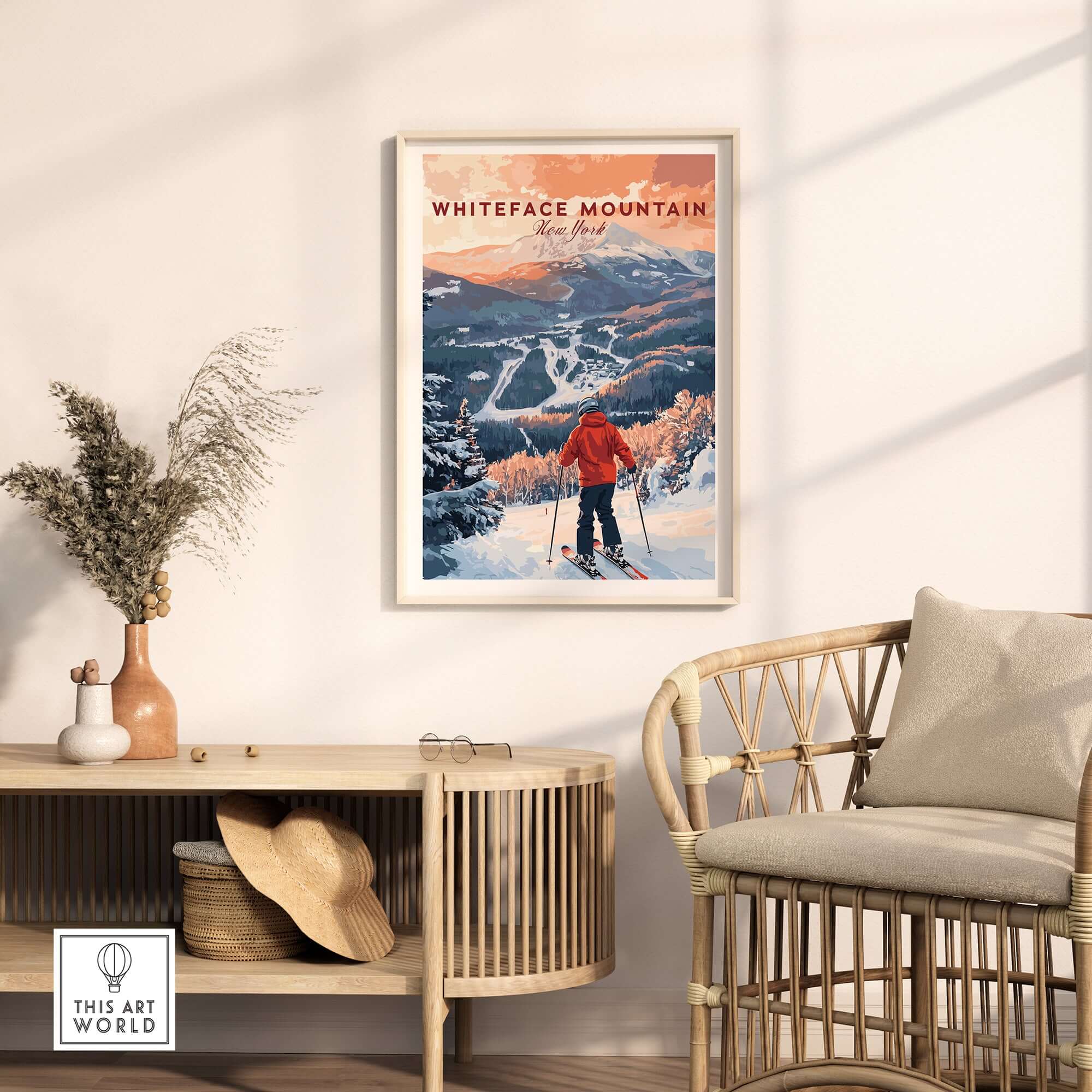 Ski print of Whiteface Mountain in New York, showcasing stunning slopes and winter scenery in stylish home decor.