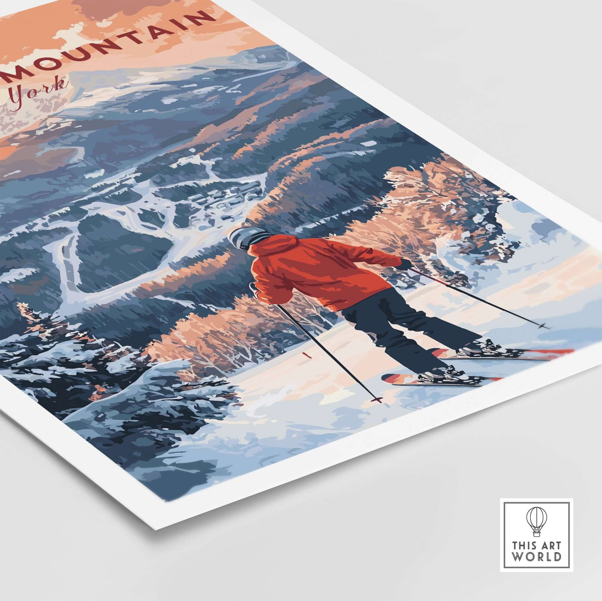 Ski print of Whiteface Mountain, New York showcasing a skier on slopes, perfect winter wall art for ski enthusiasts.