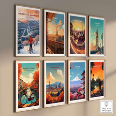 A collection of vibrant art prints featuring Whiteface Mountain, Paris, Barcelona, London, Amsterdam, Florence, Tokyo, and Angkor Wat.