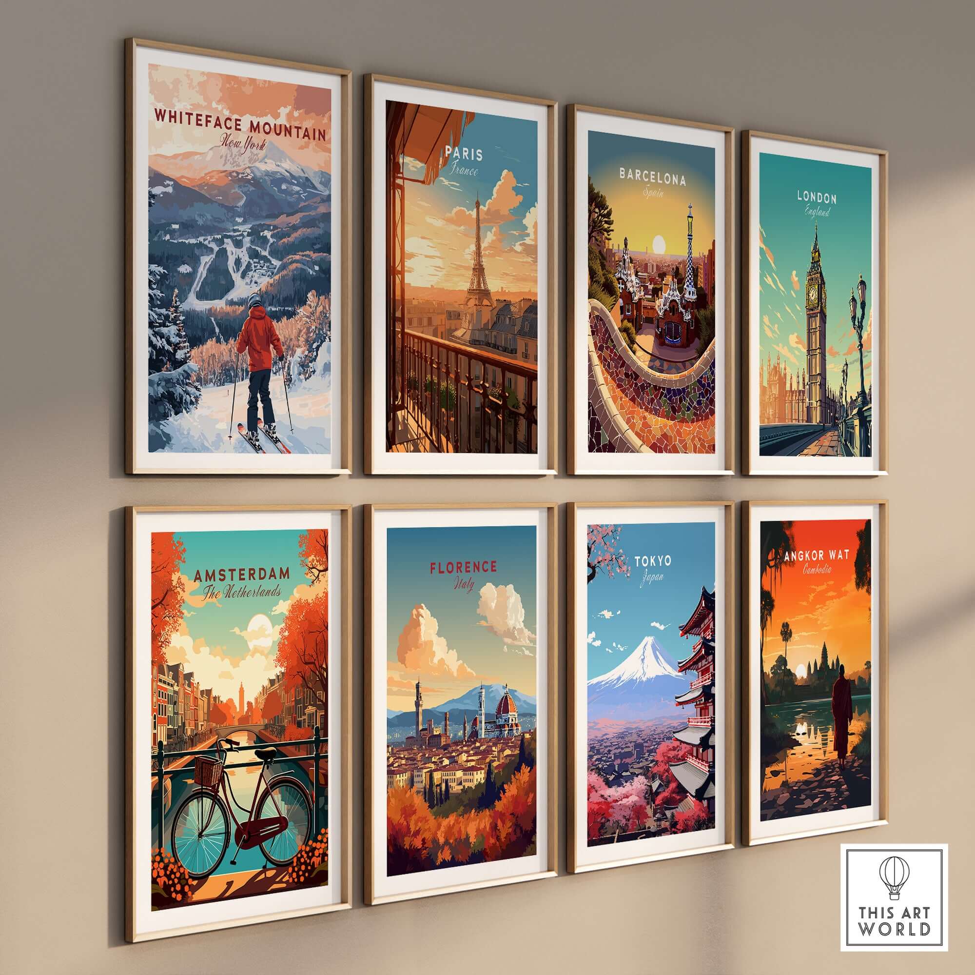 A collection of vibrant art prints featuring Whiteface Mountain, Paris, Barcelona, London, Amsterdam, Florence, Tokyo, and Angkor Wat.