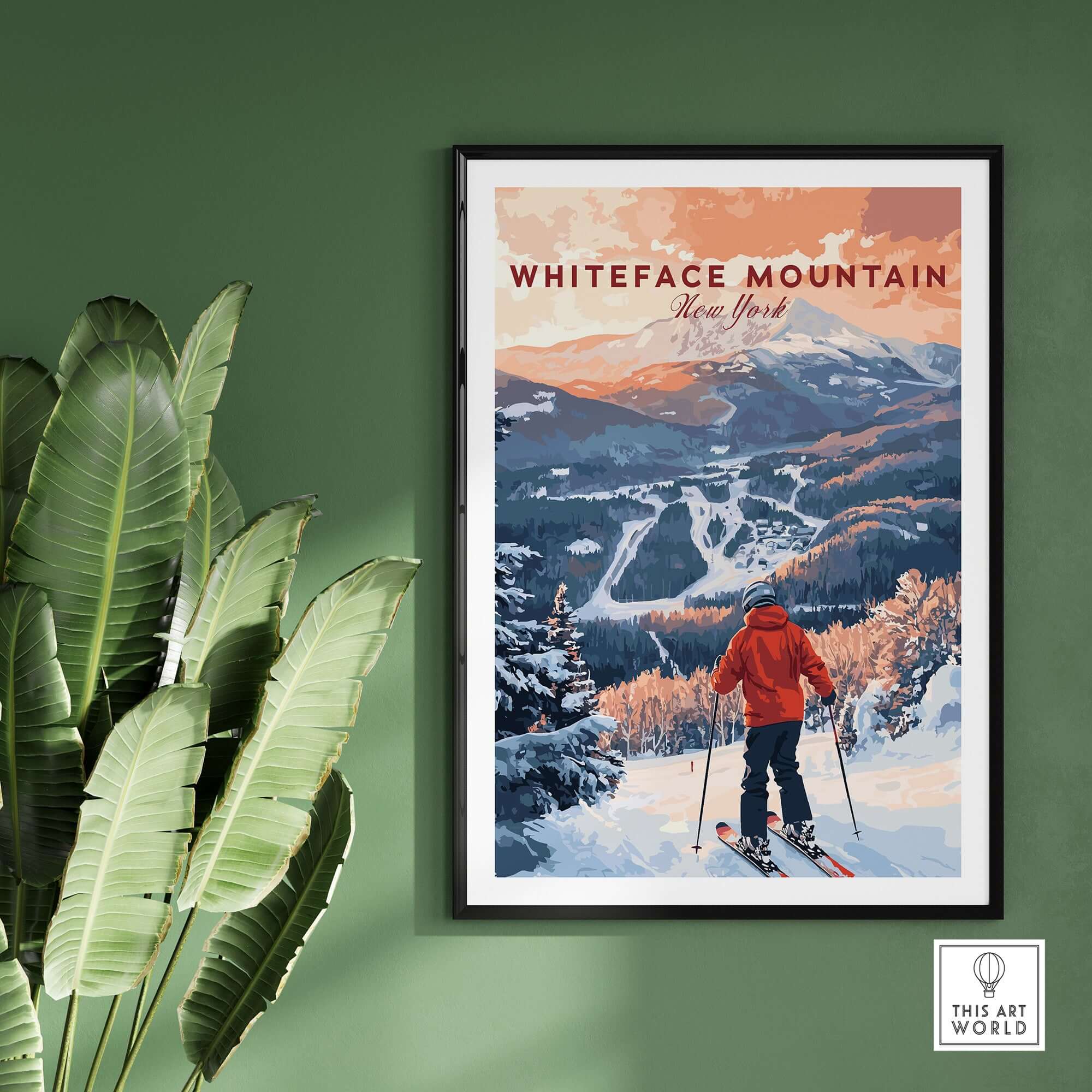 Ski print of Whiteface Mountain, New York, showcasing skier amidst beautiful winter landscape and vibrant colors.