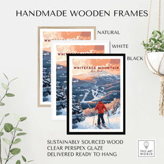 Handmade wooden frames in natural, white, and black showcasing Whiteface Mountain ski print, ready to hang.