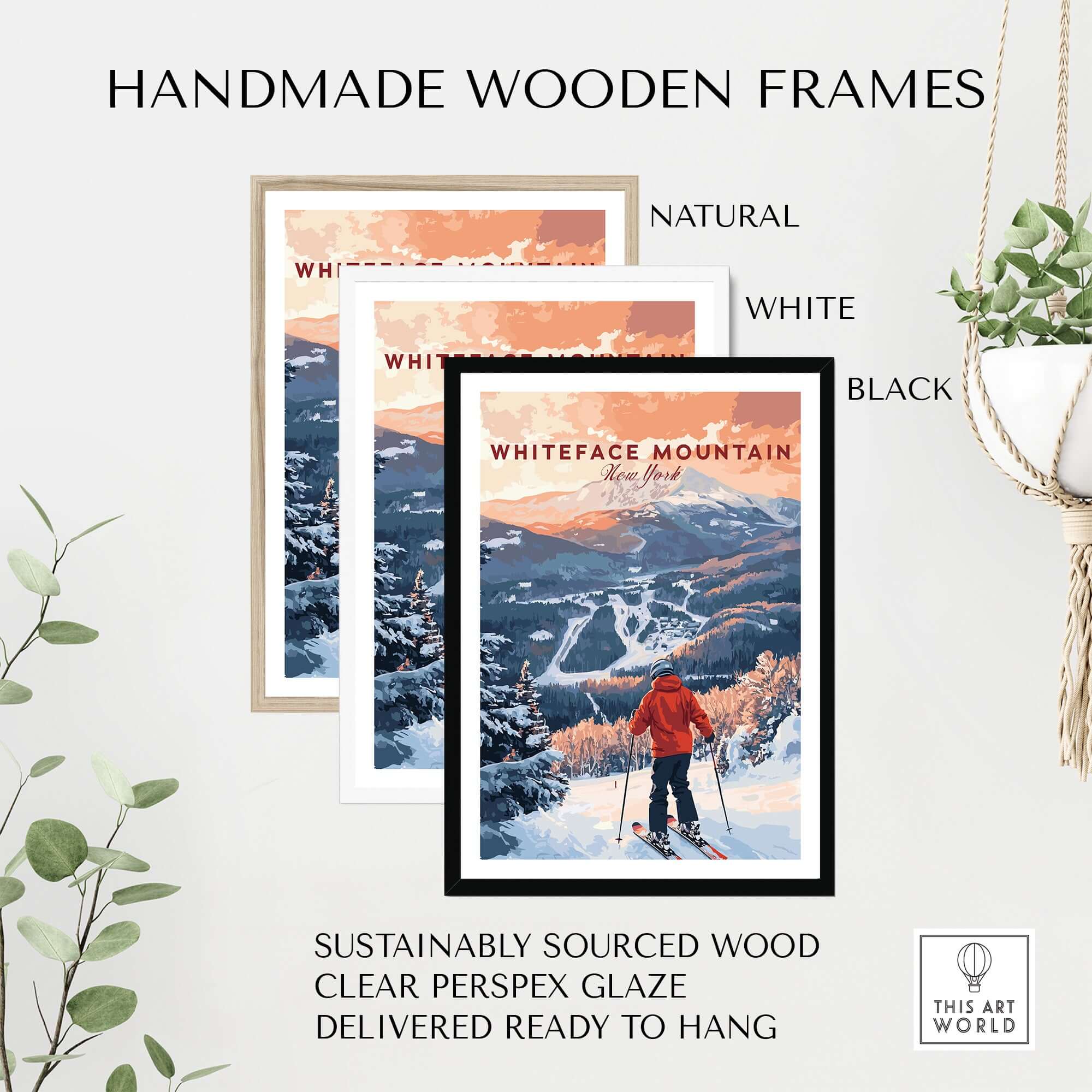 Handmade wooden frames in natural, white, and black showcasing Whiteface Mountain ski print, ready to hang.