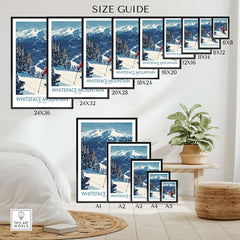 Size guide for Whiteface Mountain winter wall art showcasing various print dimensions in a cozy living room setting.
