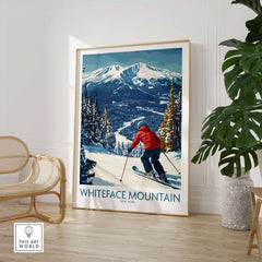 Winter wall art of a skier on Whiteface Mountain, NY, showcasing a snowy landscape and vibrant red jacket.
