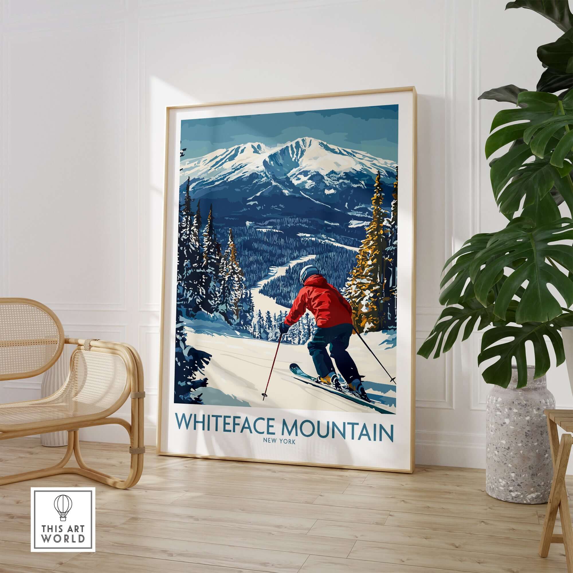 Winter wall art of a skier on Whiteface Mountain, NY, showcasing a snowy landscape and vibrant red jacket.