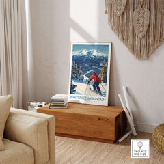 Winter wall art of skier in red jacket on Whiteface Mountain slope, surrounded by trees and snowy mountains.