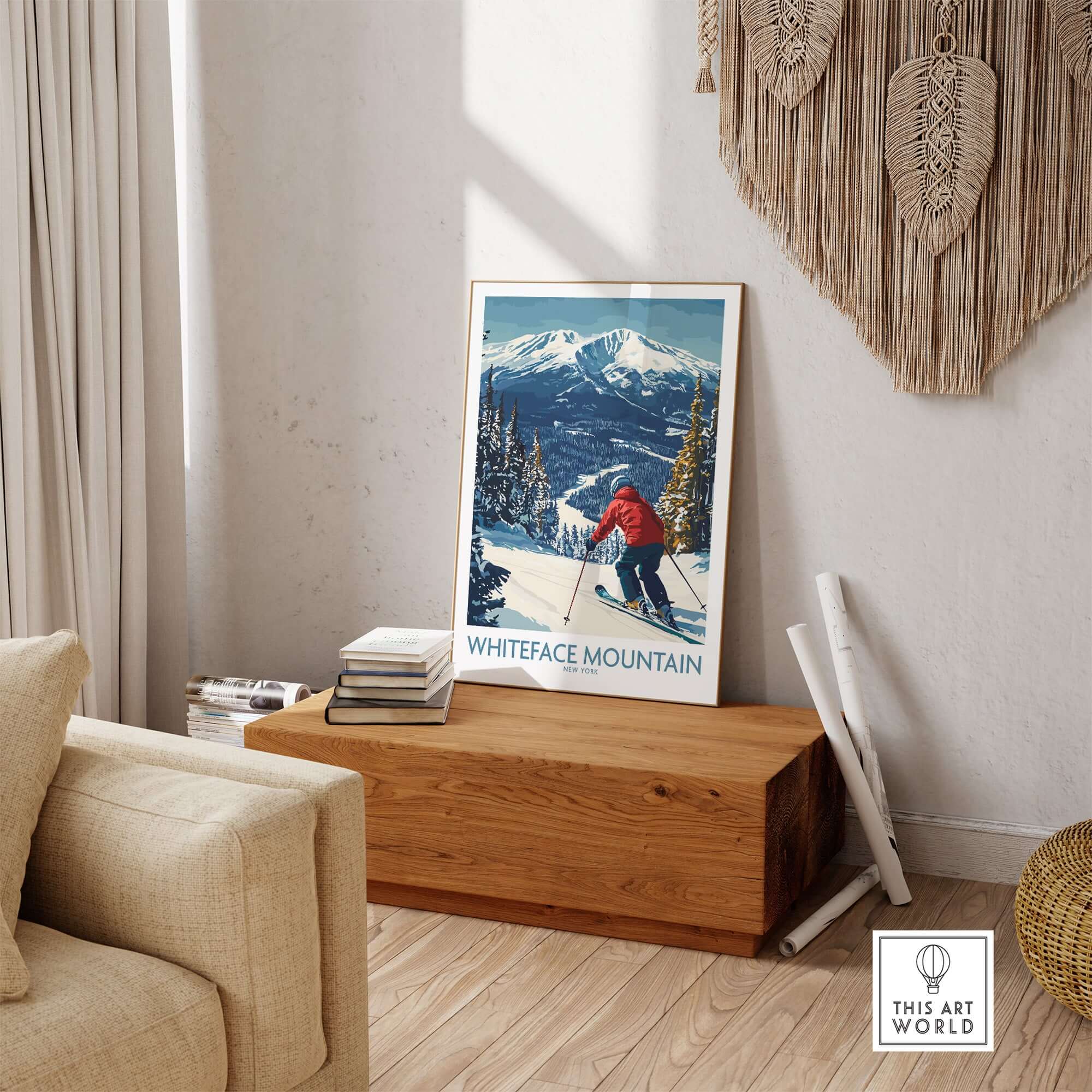 Winter wall art of skier in red jacket on Whiteface Mountain slope, surrounded by trees and snowy mountains.
