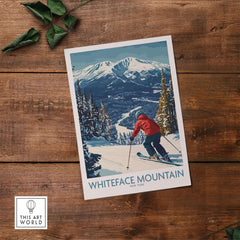 Winter wall art featuring a skier on Whiteface Mountain, NY, showcasing snowy slopes and majestic peaks.