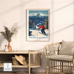 Winter wall art featuring a skier on Whiteface Mountain, NY, with snow-covered trees and a peak view.