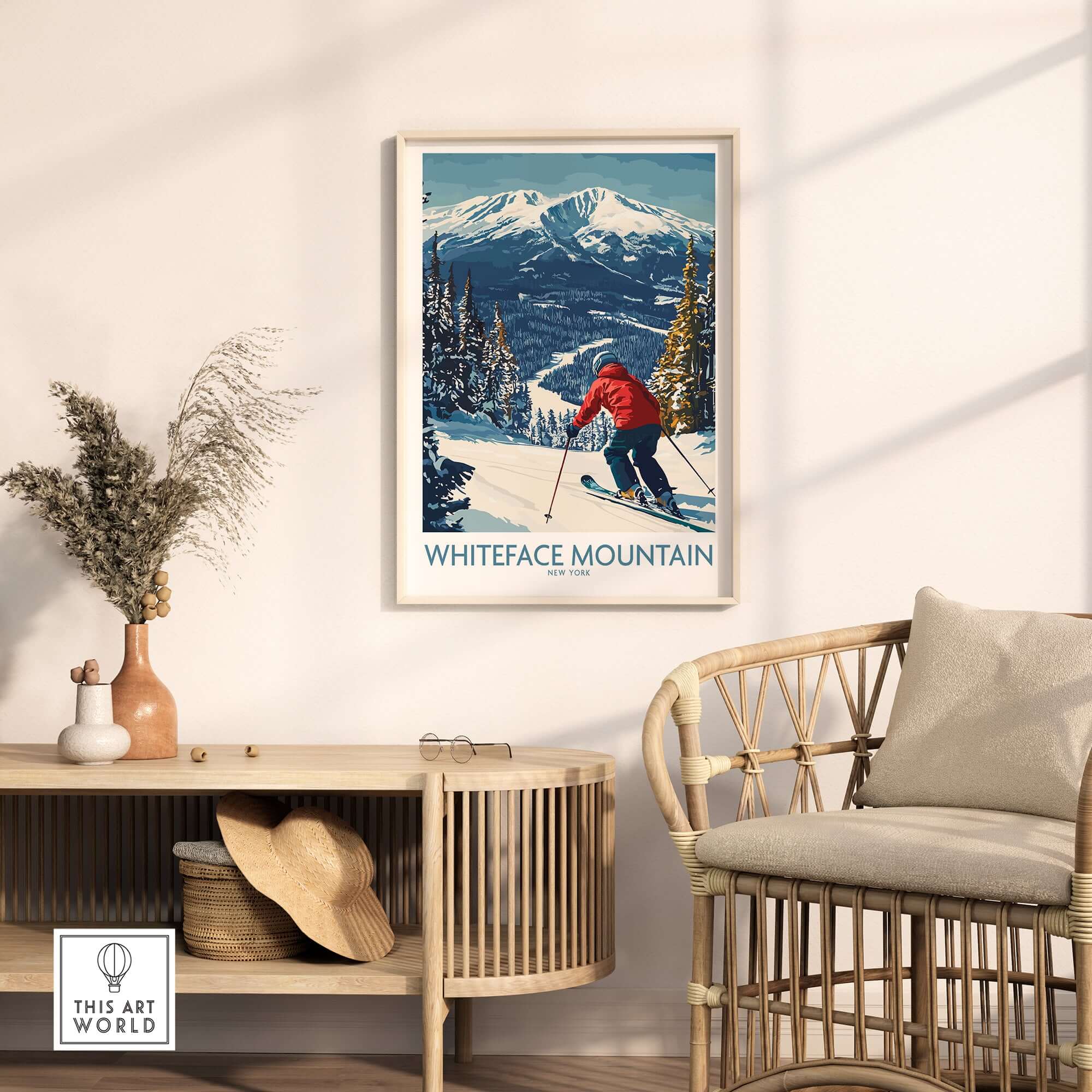 Winter wall art featuring a skier on Whiteface Mountain, NY, with snow-covered trees and a peak view.