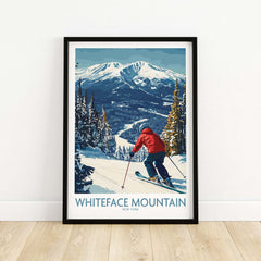 Ski Whiteface, NY wall art featuring skier in red jacket on slope with mountain backdrop.
