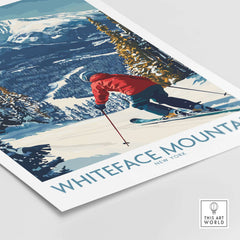 Winter wall art featuring a skier in a red jacket on Whiteface Mountain in New York, surrounded by snowy trees.