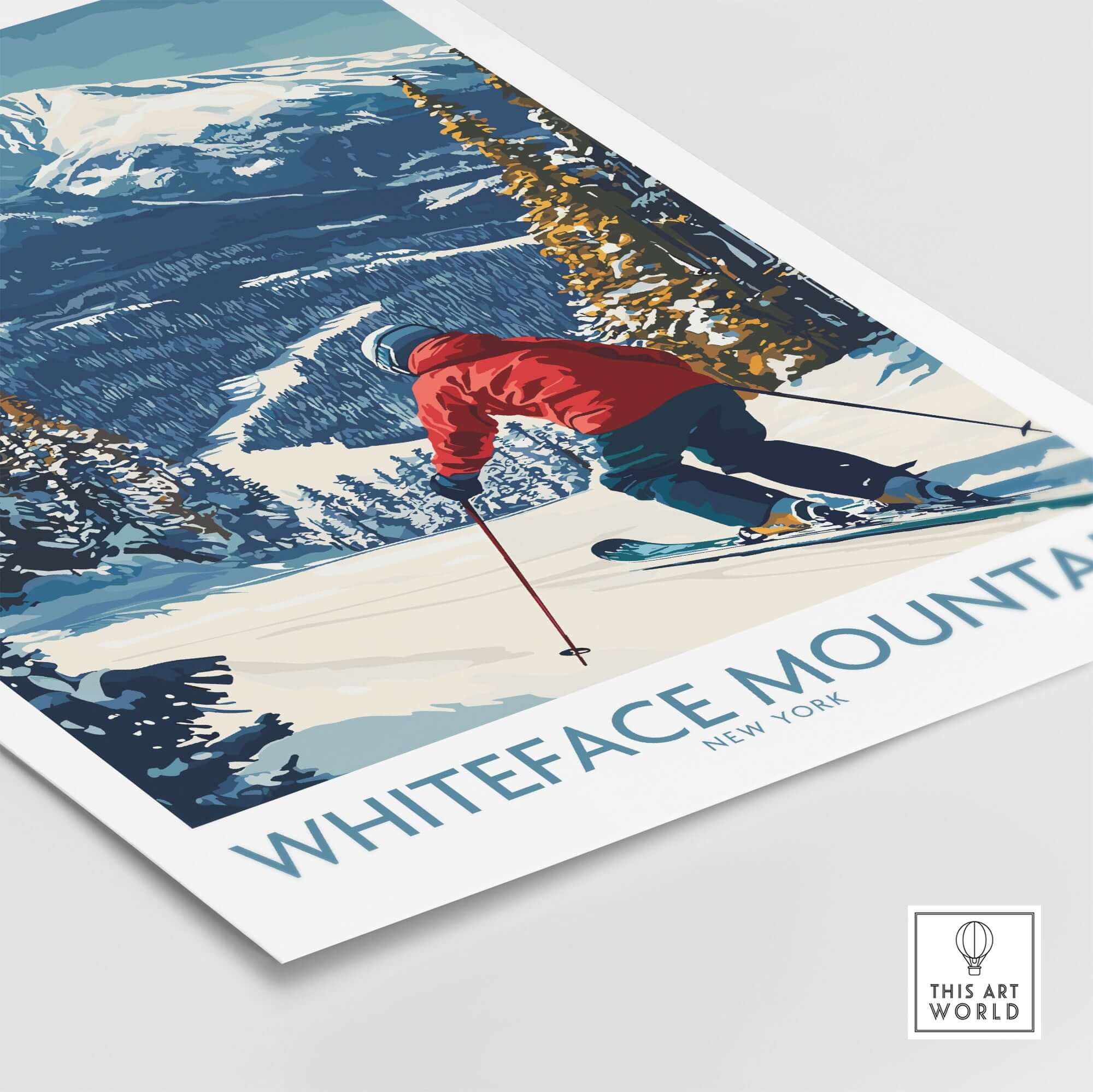 Winter wall art featuring a skier in a red jacket on Whiteface Mountain in New York, surrounded by snowy trees.