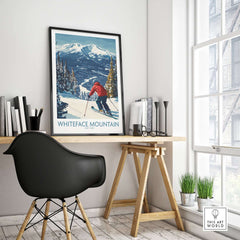 Winter wall art featuring a skier on Whiteface Mountain, NY, against a backdrop of snow-covered trees.