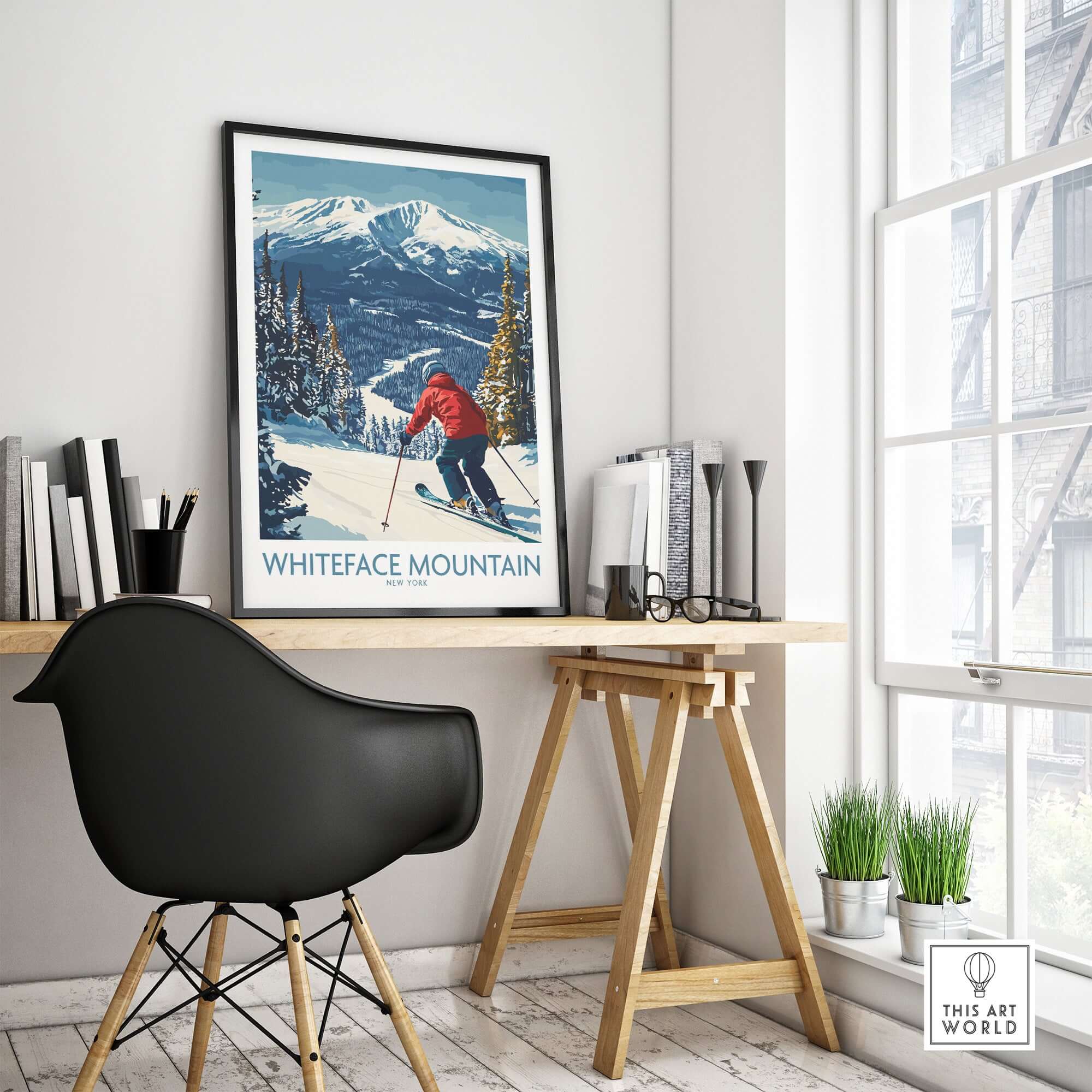 Winter wall art featuring a skier on Whiteface Mountain, NY, against a backdrop of snow-covered trees.