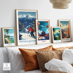 Winter wall art featuring Whiteface Mountain skier with red jacket, alongside scenic prints of Costa Rica and the Grand Canyon.