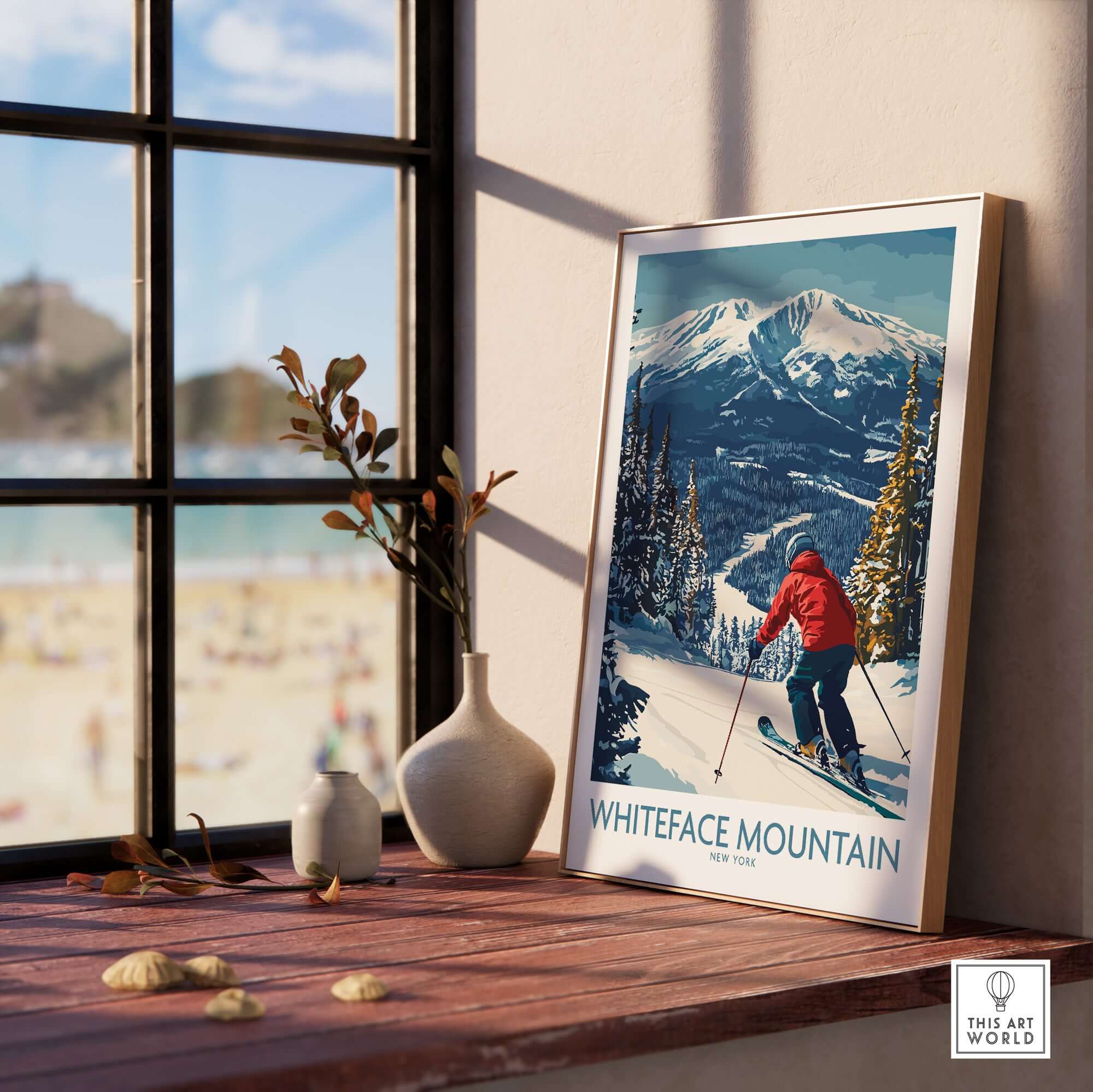 Winter wall art of skier on Whiteface Mountain, NY, showcasing stunning mountain views and vibrant red jacket.