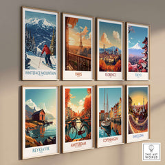 Collection of travel-themed wall art prints featuring destinations like Whiteface Mountain, Paris, and Tokyo.