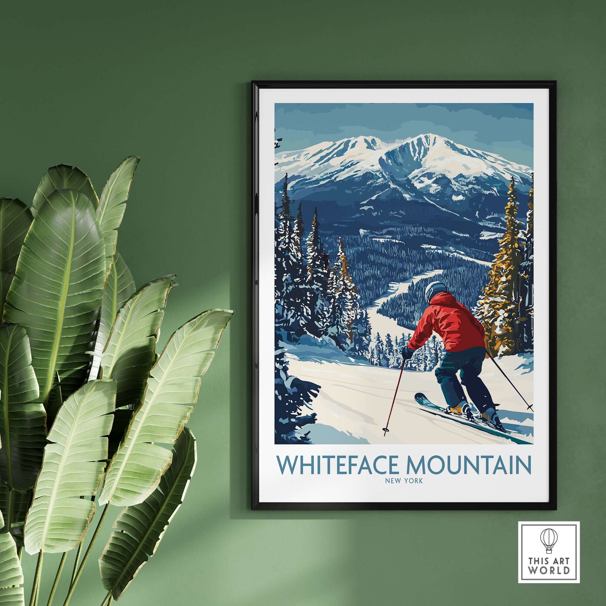 Winter wall art featuring a skier in red jacket on Whiteface Mountain in New York, surrounded by snowy trees.
