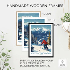 Handmade wooden frames in natural, white, and black for winter wall art featuring Whiteface Mountain and a skier.
