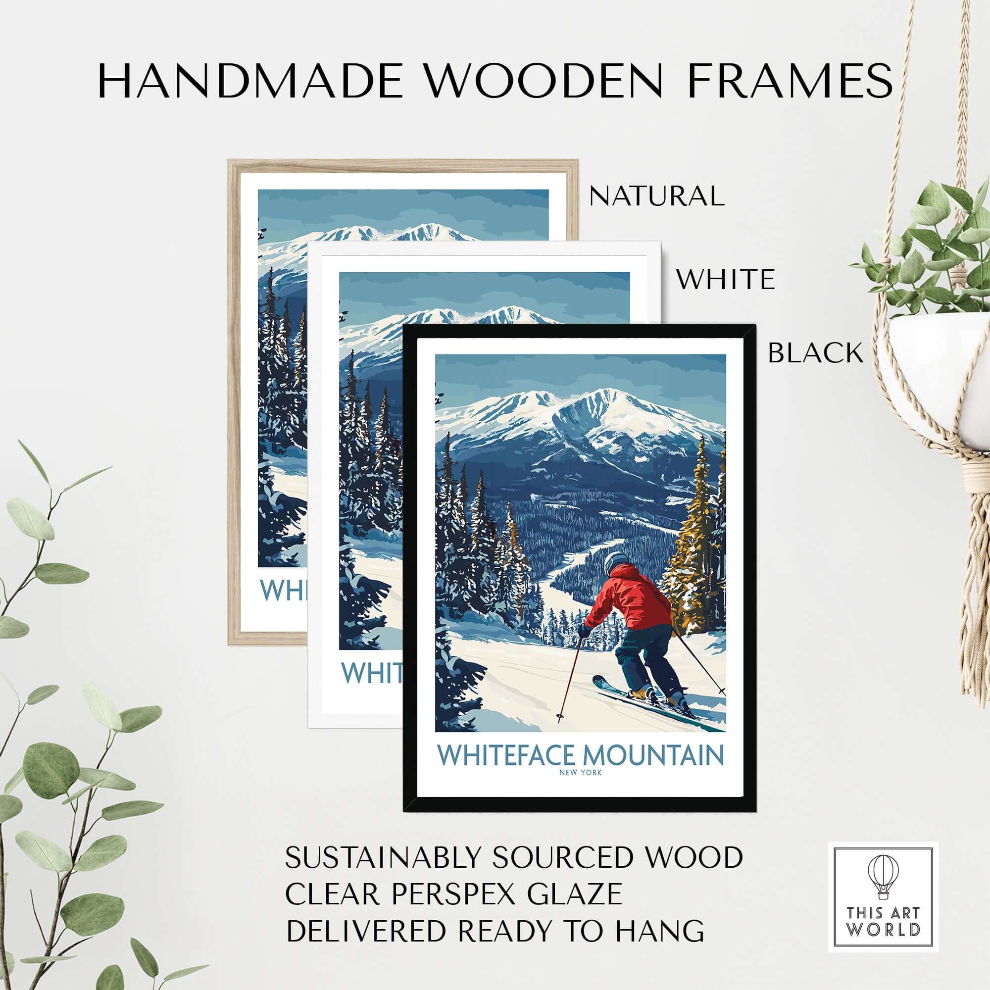Handmade wooden frames in natural, white, and black for winter wall art featuring Whiteface Mountain and a skier.