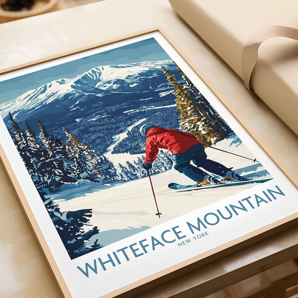 Winter wall art featuring a skier on Whiteface Mountain, NY, with snowy peaks and lush trees in the background.