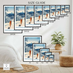 Ski Whiteface poster size guide showing various frame sizes in a cozy living space with mountain artwork.