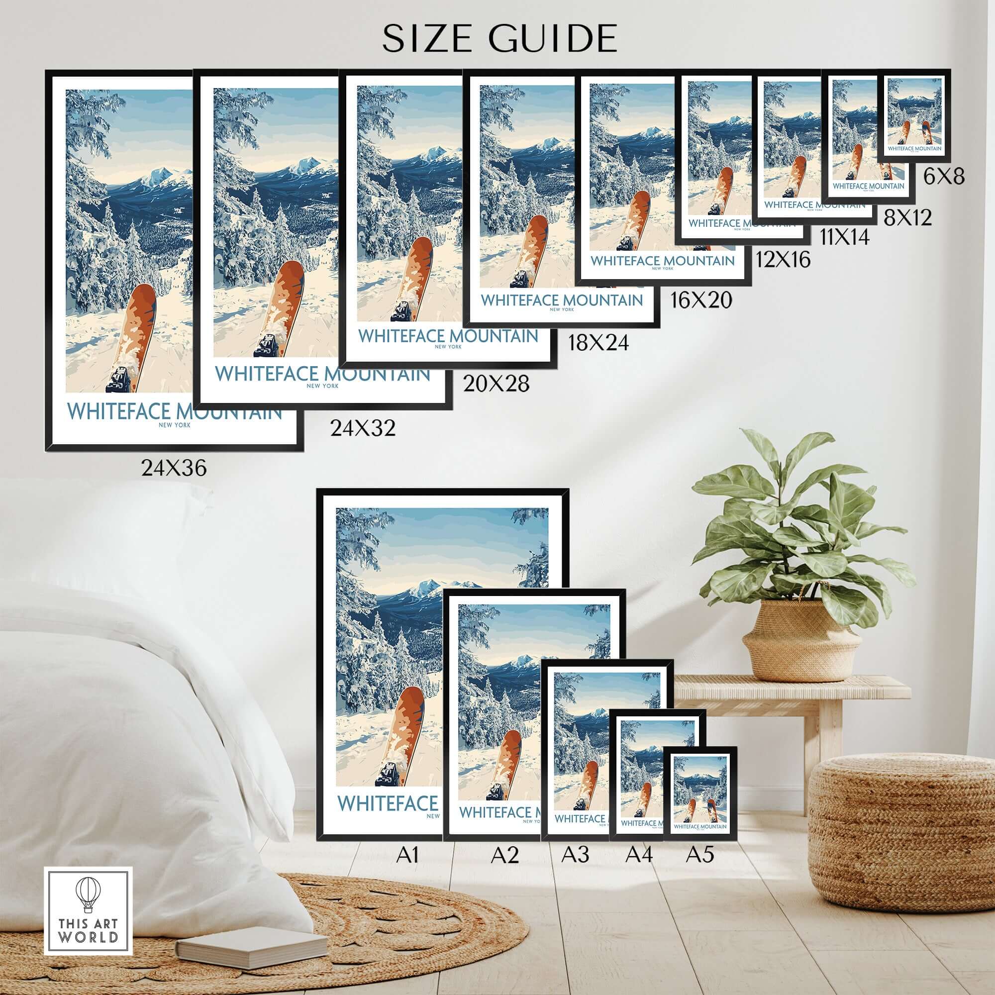 Ski Whiteface poster size guide showing various frame sizes in a cozy living space with mountain artwork.