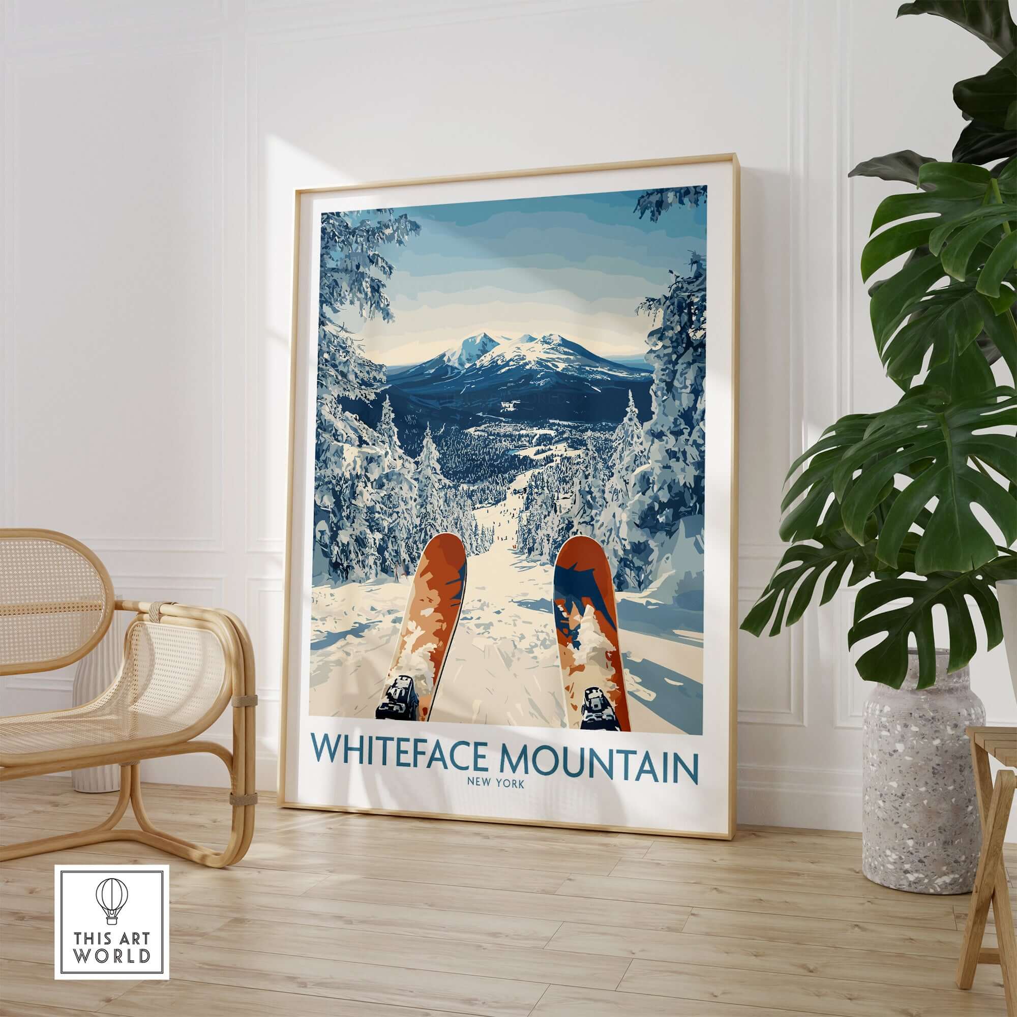 Ski Whiteface poster depicting skis on a snowy mountain landscape, perfect for winter enthusiasts.