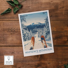 Ski Whiteface poster featuring skis ready to descend in a snowy winter landscape of Whiteface Mountain, New York.