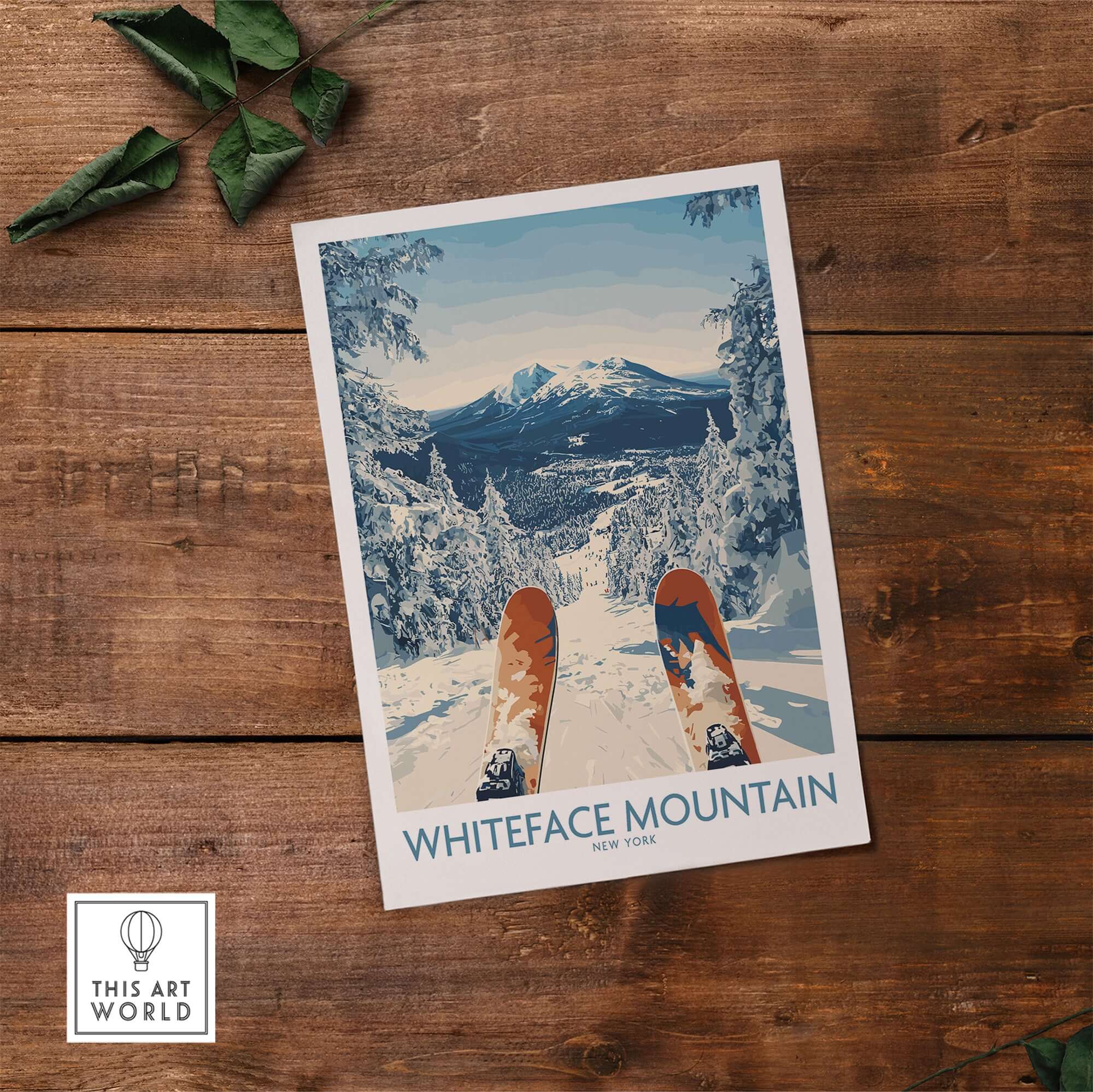 Ski Whiteface poster featuring skis ready to descend in a snowy winter landscape of Whiteface Mountain, New York.