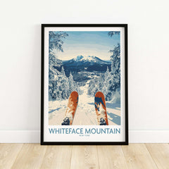Ski Whiteface poster featuring skis overlooking a winter landscape at Whiteface Mountain, New York.