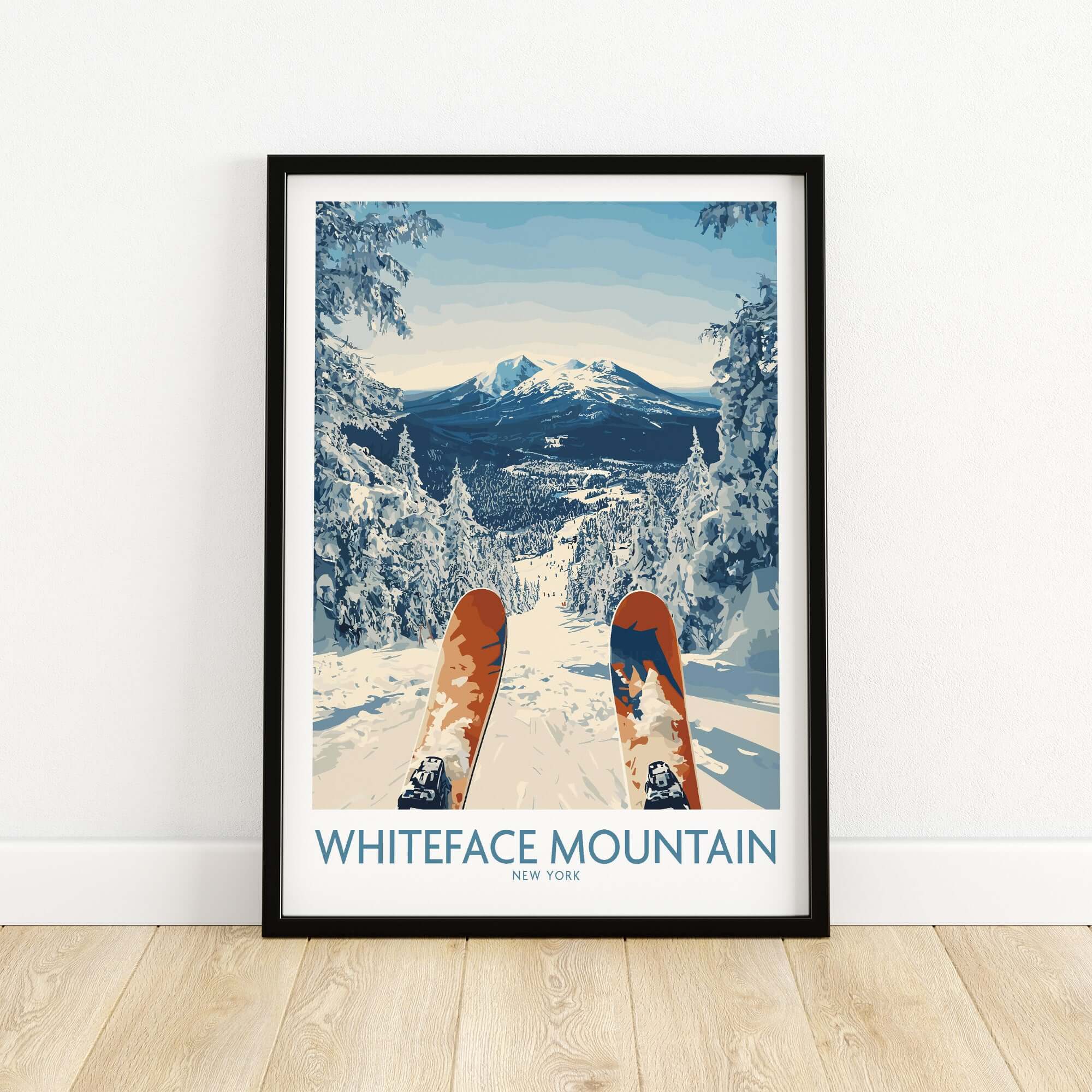 Ski Whiteface poster featuring skis overlooking a winter landscape at Whiteface Mountain, New York.