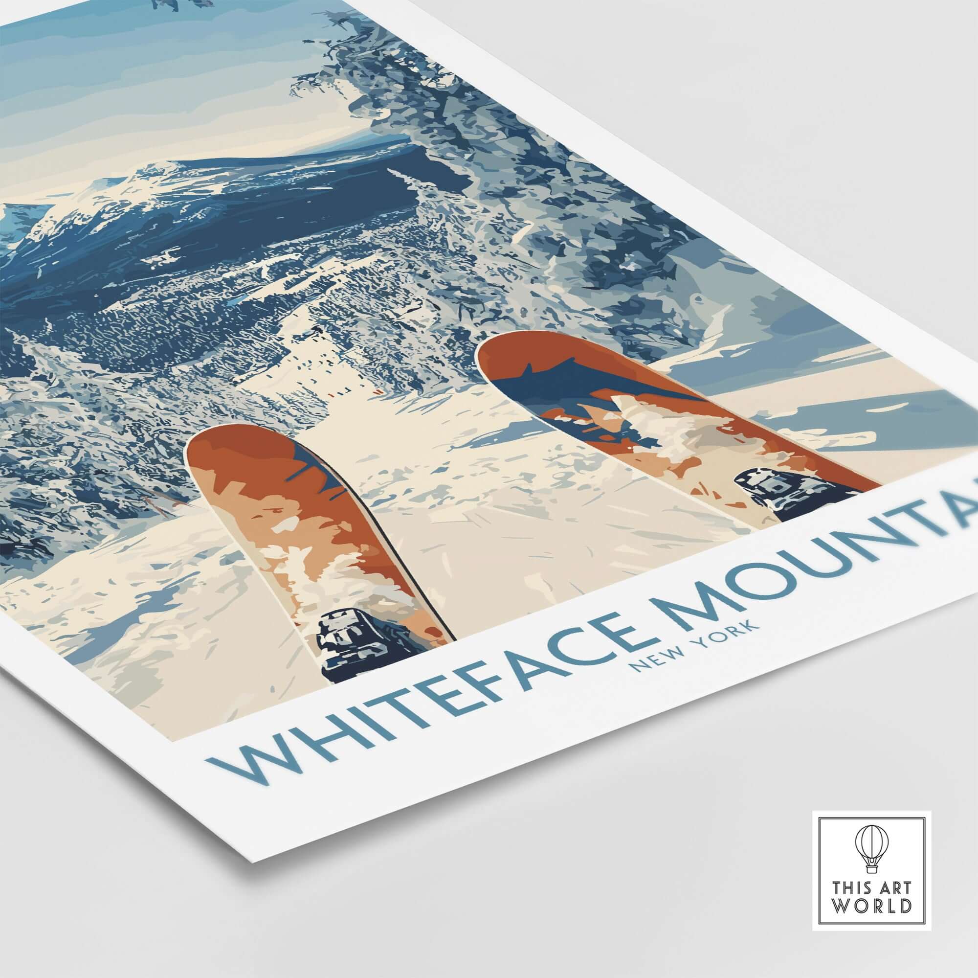 Ski Whiteface poster featuring skis on a snowy slope with mountain landscape in the background.