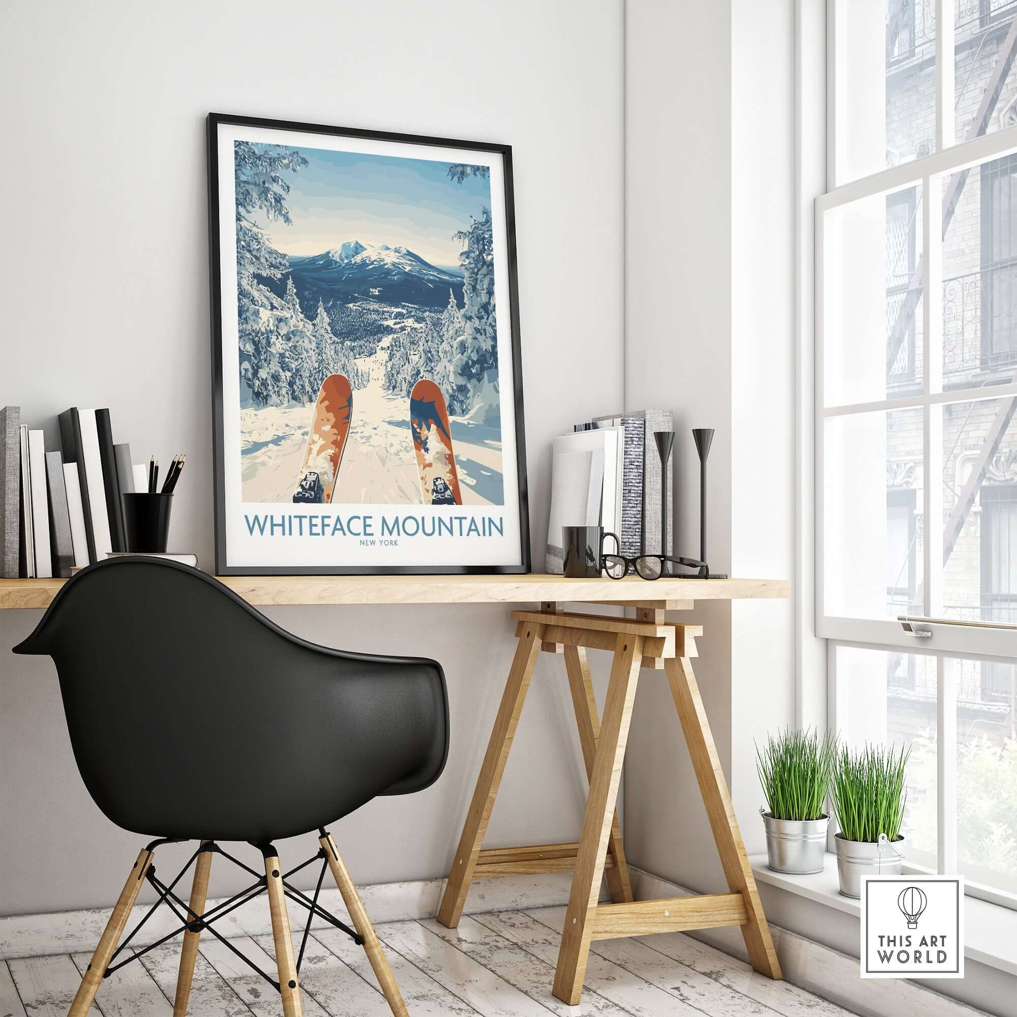 Ski Whiteface poster featuring skis in a winter landscape, perfect wall art for mountain lovers.
