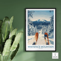 Ski Whiteface poster featuring skis in a winter landscape, showcasing the stunning Whiteface Mountain in New York.