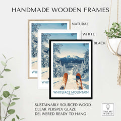 Handmade wooden frames in natural, white, and black displaying artwork of Whiteface Mountain with skis.