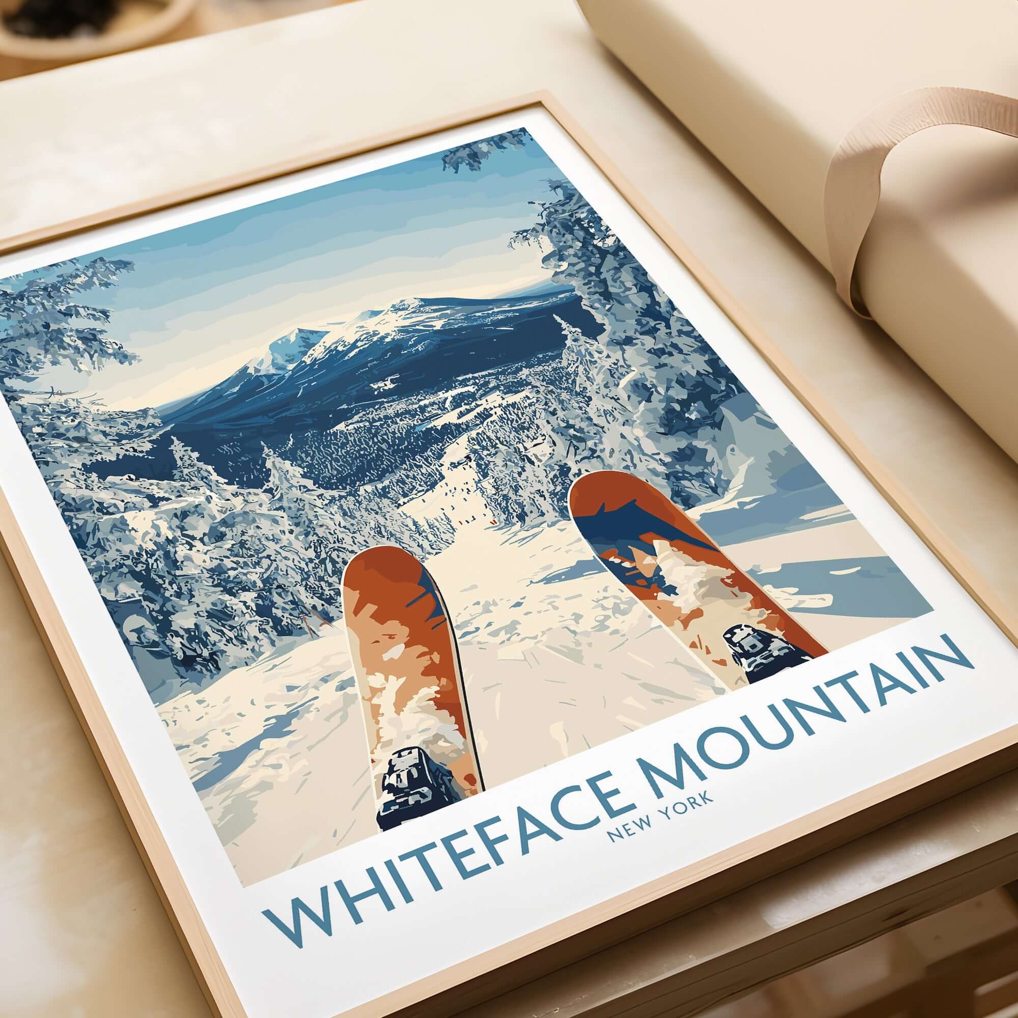 Ski Whiteface poster featuring skis in a snowy landscape with mountains, perfect for winter sports enthusiasts.
